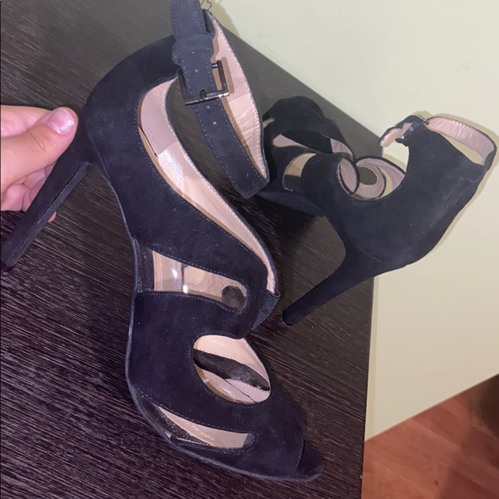 NEW BCBG Paris Black Strappy Open Toed Pumps Clear